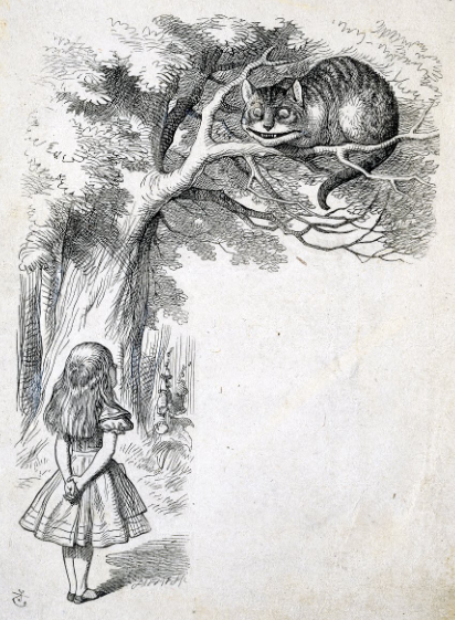 A spot illustration of Alice and the Chesire Cat